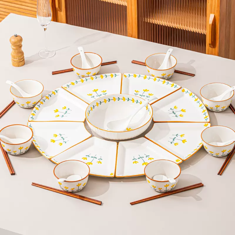 2025新款过年夜饭扇形盘子菜盘家用陶瓷团圆拼盘餐具组合碗碟套装