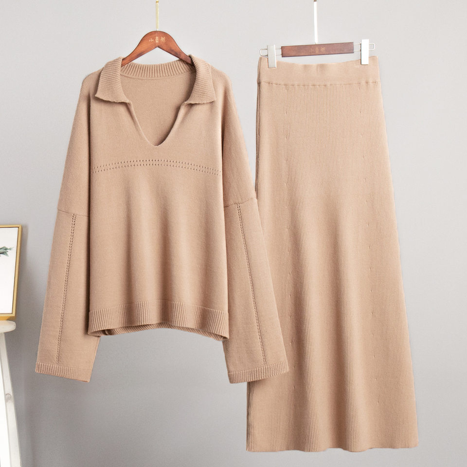 Bộ đôi áo len dệt kim cổ V tay dài phối chân váy, áo dài 50–65 cm — Màu camel, Màu trắng, Màu xám, Màu đen chi tiết 8