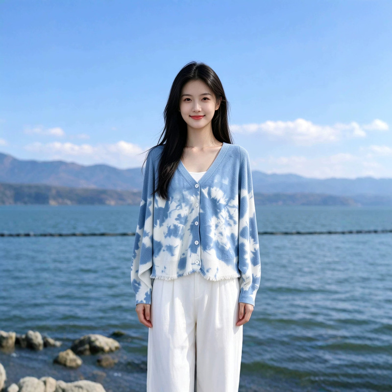 Dali blue and white tie-dye knitted cardigan, handmade with plant-based dyes, featuring tassels, a loose-fitting, artistic, and vintage style outerwear piece