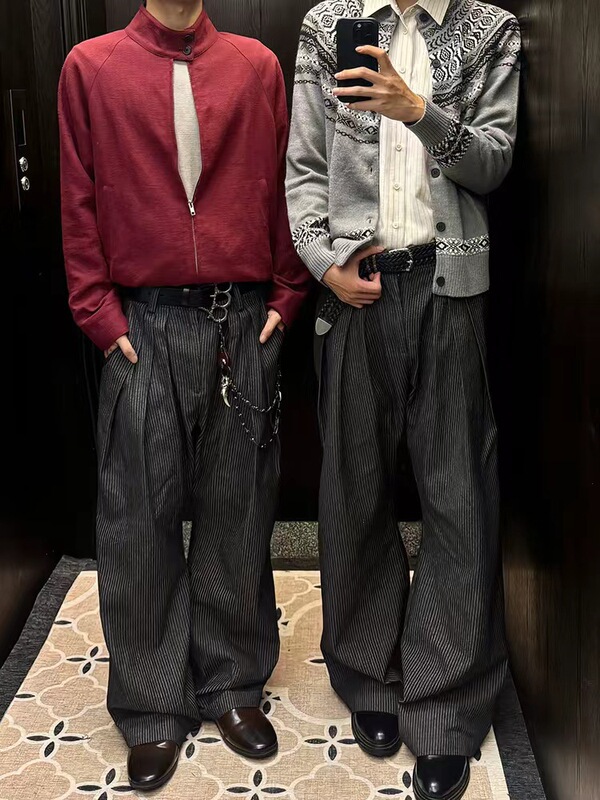 三褶条纹原牛牛仔裤男款薄款美式复古a字弯刀西裤垂感阔腿休闲裤|undefined