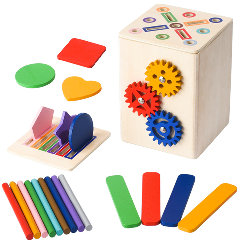 Juguetes educativos de madera para niños pequeños, forma geométrica, tablero de emparejamiento, engranajes, bloques de construcción interactivos, juego de juguetes de iluminación de educación temprana