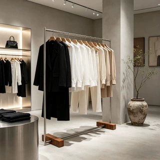 服装店女装不锈钢展示架胡桃色落地式中岛架买手店陈列侧挂衣架