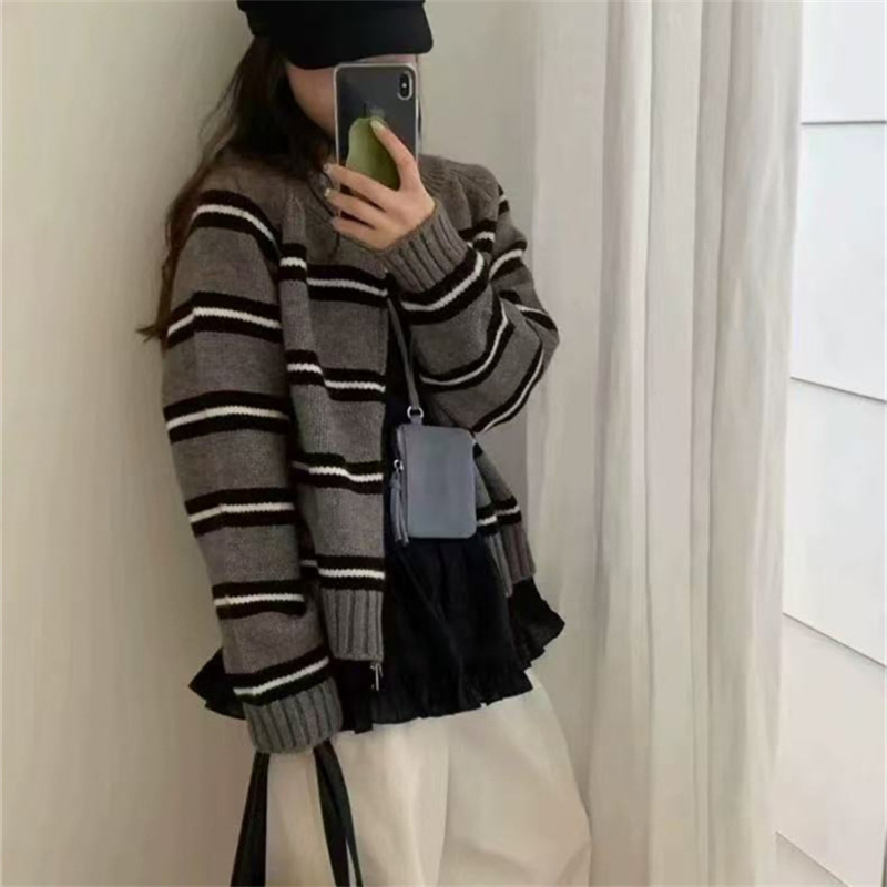 韩系慵懒风条纹拉链毛衣外套女秋冬新款宽松显瘦百搭针织开衫上衣|undefined