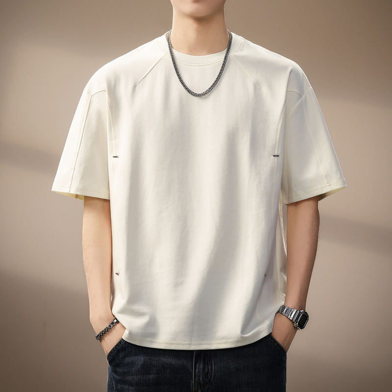 High-End Light Luxury Patchwork Studded Heavyweight Round Neck Short-Sleeve Men's Summer Fashion Simple Loose Casual T-Shirt Half-Sleeve