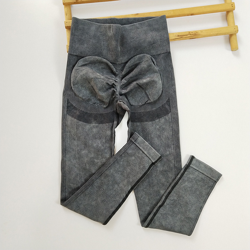Pantalones de yoga sin costuras de punto lavados transfronterizos, cintura alta, glúteos, ropa de yoga esmerilada, pantalones de fitness para correr deportivos delgados de verano