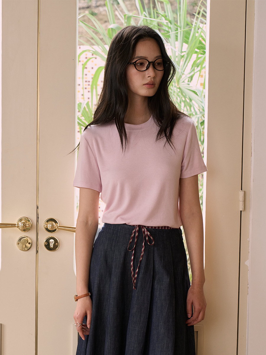 天丝莫代尔桑蚕丝短袖女夏季圆领羊毛外穿T恤修身显瘦百搭打底衫