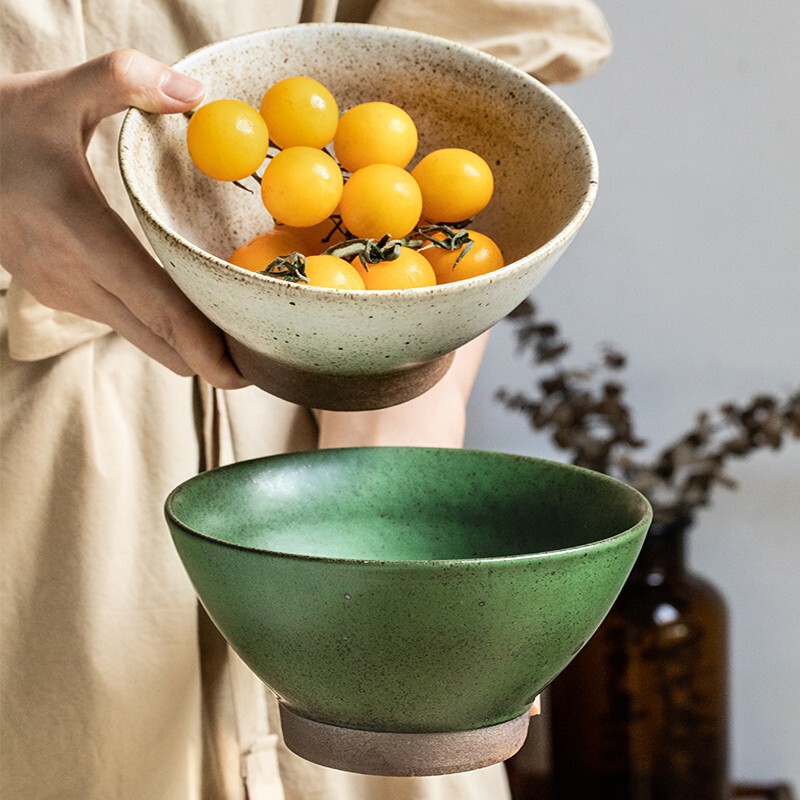 Japanese-style handmade Vintage6.5 inch noodle bowl coarse pottery high-foot bowl ceramic bamboo hat ramen bowl for cross-border export