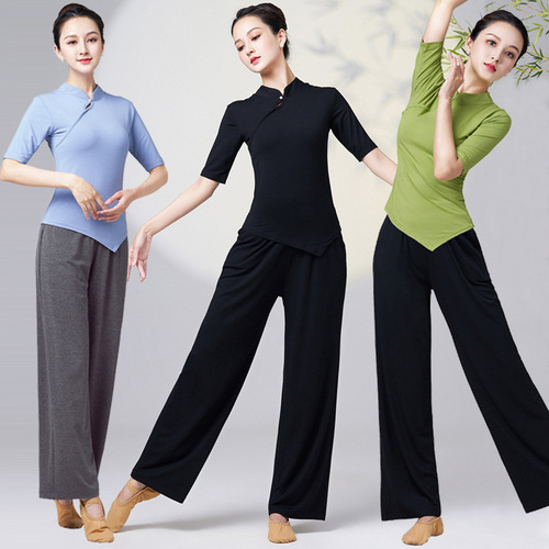 Classic dance attire: women's trendy cheongsam-style top with mandarin collar, paired with wide-leg, straight-cut pants featuring functional pockets.