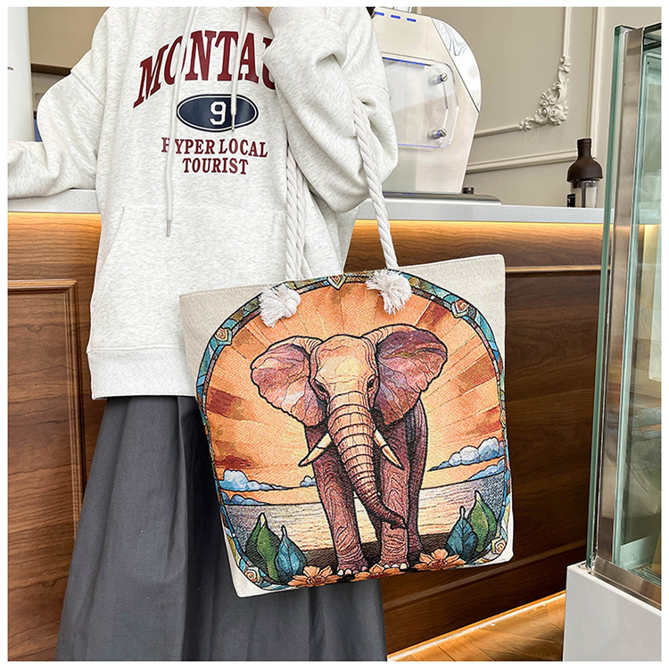 300g Weight Polyester Lining Material Zipper Closure Type Single Shoulder Strap Strap Type Tote Bag Bags Type Holiday, Travel Occasion Canvas Material Elephant Pattern All Seasons Season Women's Gender Ethnic Style, Classic Style Style Square Shape Medium Size Women's Medium Canvas Elephant Ethnic Style Classic Style Square Zipper Tote Bag 18