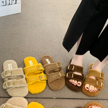 网红毛毛拖鞋女外穿2025秋冬新款仙女风韩系加绒羊羔毛一字棉拖