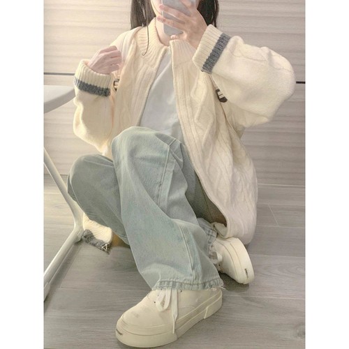 Sweet, soft, and cozy color-blocked zipper cardigan for women, student spring season loose fit versatile outerwear