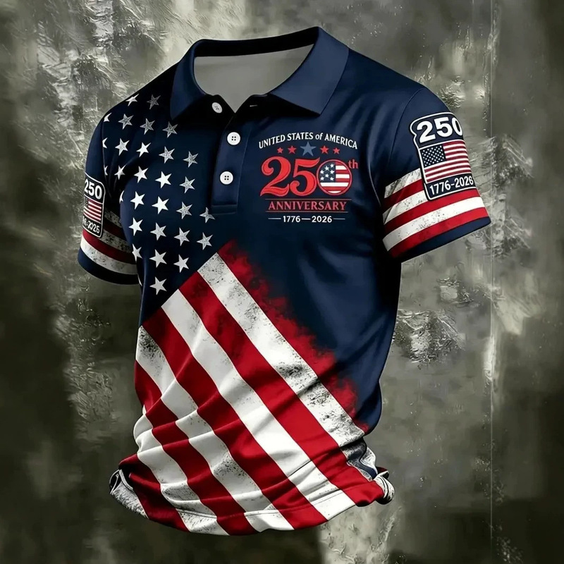 2026 Cross-Border Amazon New Men's Short-Sleeved Polo Shirt Anniversary Celebration American Flag Printed Buttoned Men's Top