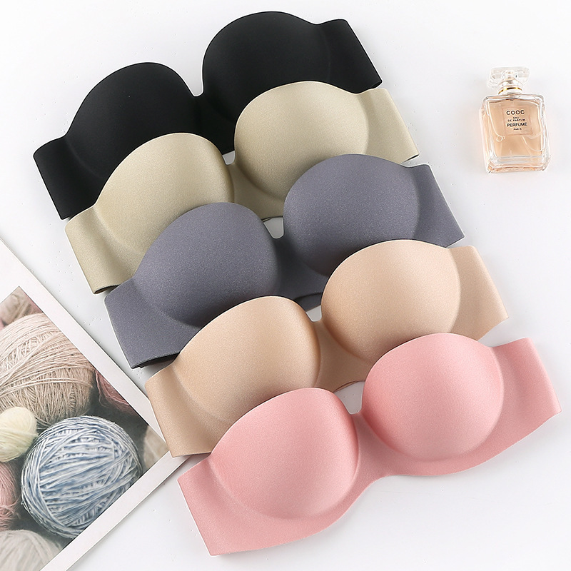 Seamless Women's Bra with Lift and Gathering Effect, Strapless Invisible Bra, Wireless, Minimizes Large Bust, Pink and Gray Seamless Women's Bra with Lift and Gathering Effect, Strapless Invisible Bra, Wireless, Minimizes Large Bust, Pink and Gray