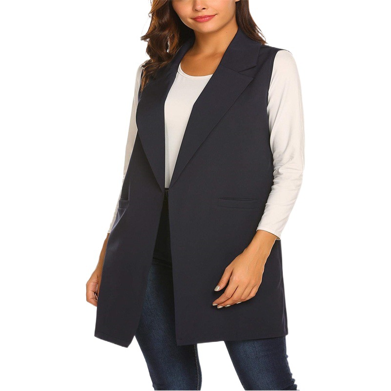 2022 europeo y americano transfronterizo verano elegante nueva ropa de mujer color sólido todo partido solapa sin hebilla cardigan traje largo chaleco