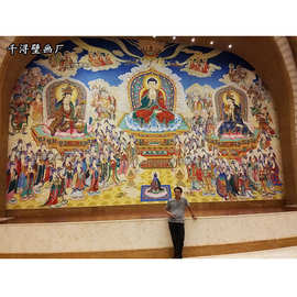 供应纯手绘唐卡宗教人物壁画寺庙壁画寺院装饰背景墙制作工厂金箔