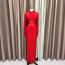 2025春夏新款圆领烫钻网纱重工收腰弹力修身礼服长裙连衣裙法式