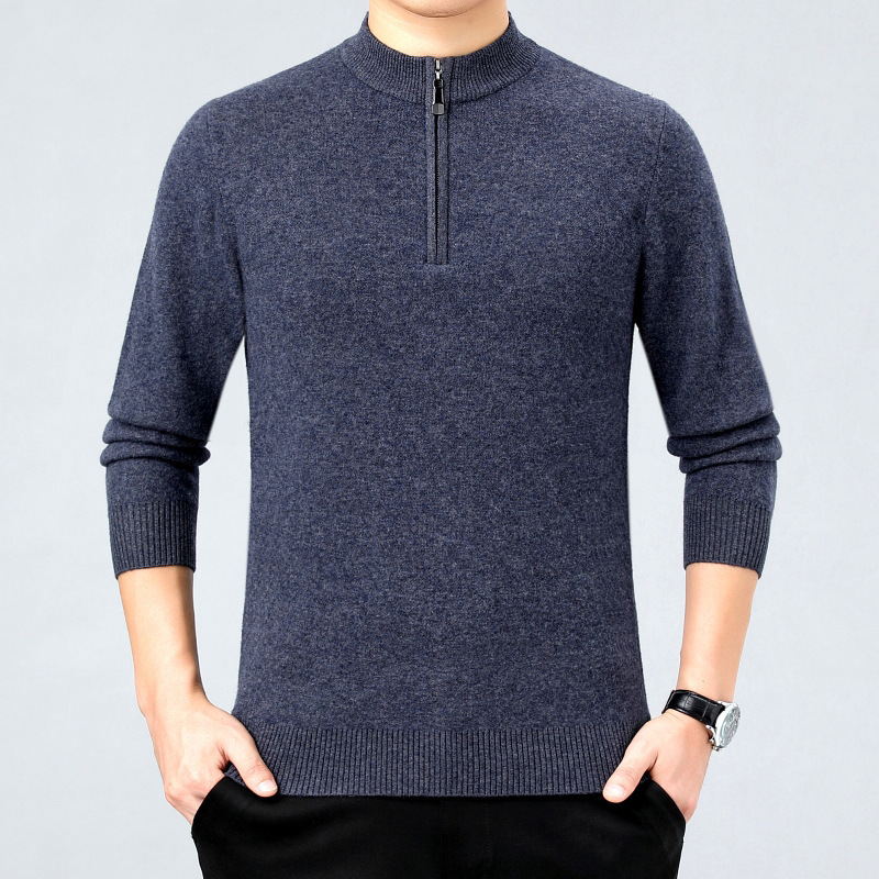 Authentic Cashmere Knitwear for Men in Autumn and Winter Thick Half-High Zipper Collar Middle-Aged Men's Knitwear Warm Men's Knitwear