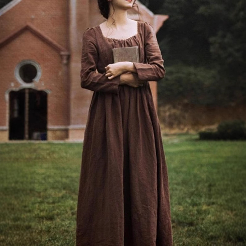 Forget City 8373 seats/short hair/2020 Spring and Autumn new artistic retro red brown square collar waist-tight dress