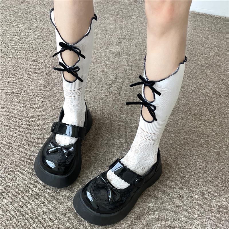 Design Cross Bow Hollow Shoulder Socks Spice Girls Cute Japanese Style Pure Desire Style Socks Flower Pattern Medium Tube