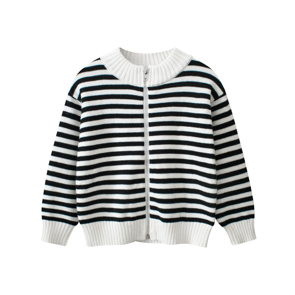 27kids marca de moda ropa para niños primavera nuevo suéter para niños cárdigan abrigo de cremallera a rayas ropa para bebés al por mayor