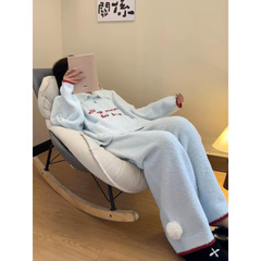 韩系甜美毛绒绒翻领半边绒睡衣女冬季保暖加厚可外穿家居服两件套