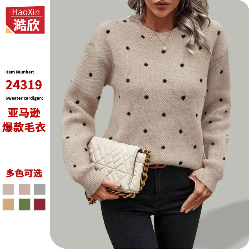 European and American Cross-border Foreign Trade Women's Sweater Fashion Round Neck Long Sleeve Pullover Sweater Women's Polka Dot Jacquard Sweater Top European and American Cross-border Foreign Trade Women's Sweater Fashion Round Neck Long Sleeve Pullover Sweater Women's Polka Dot Jacquard Sweater Top