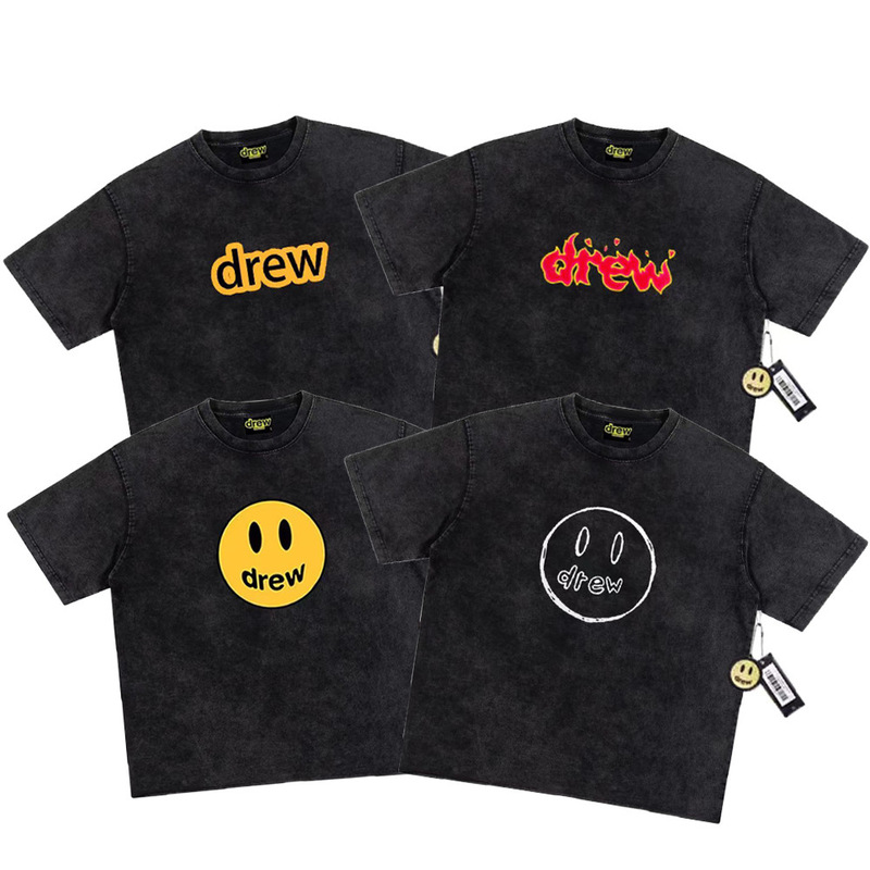 Drew Short-Sleeve T-Shirt American High Street Style Unisex Washed Vintage Loose Trendy Couple's Fog Base Shirt Drew Short-Sleeve T-Shirt American High Street Style Unisex Washed Vintage Loose Trendy Couple's Fog Base Shirt