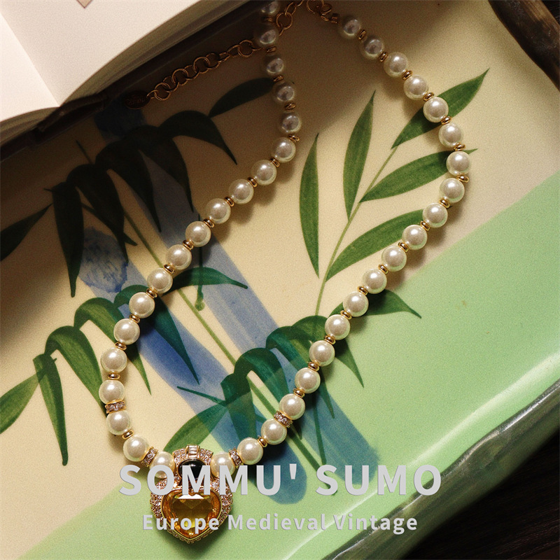 中古风珍珠项链配15克拉k9玻璃水晶钻项链耳环配套新款小众设计感