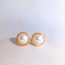 天然淡水珍珠耳钉女法式气质高级感 14K注金手工绕线鸟巢耳饰新款