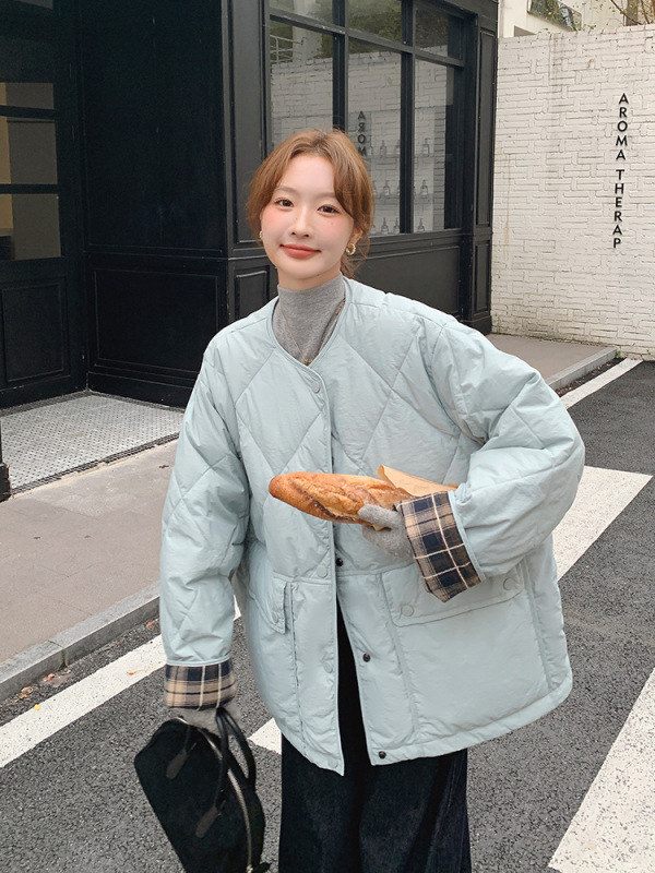 圆领格子拼接羽绒棉服女2025年新款轻薄短款小个子宽松棉袄外套潮|undefined