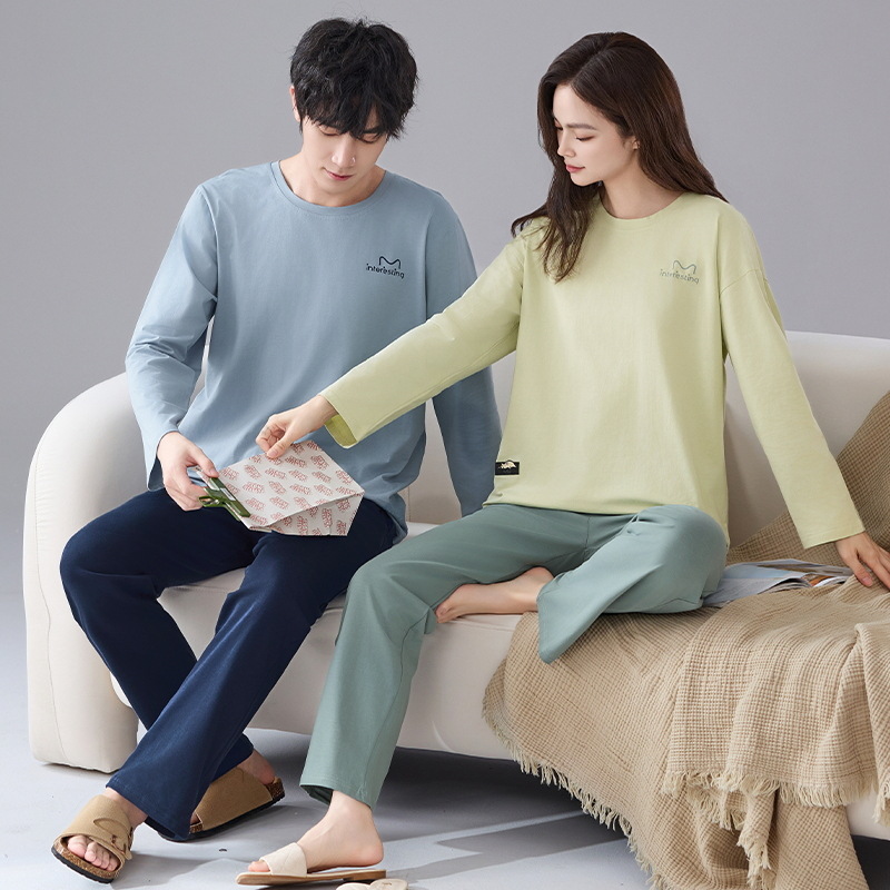 Pijamas de pareja de algodón primavera y otoño pantalones de mangas largas para hombres estriados ropa casera casual para mujeres primavera y otoño