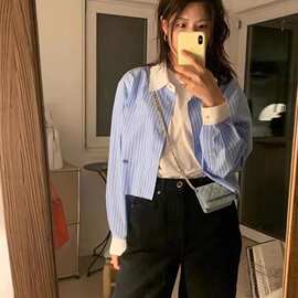 现NG 韩国东大门设计师Mod*st M**d纯棉拼色翻领条纹长袖衬衫