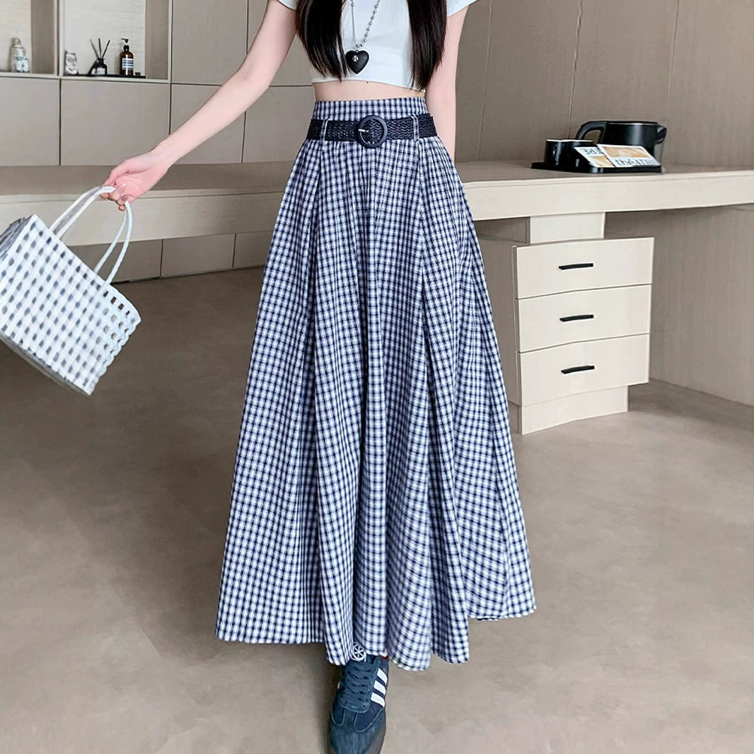 летняя клетчатая юбка в стиле ретро для женщин, тонкая, повседневная, универсальная, драпированная, плиссированная юбка-зонтик с большим подолом А-силуэта