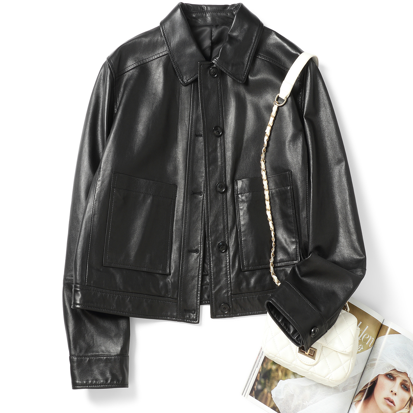 Haining Genuine Leather Jacket Women's New Spring & Fall Short Korean Style Sheepskin Jacket Straight Casual Lapel Leather Jacket Trendy