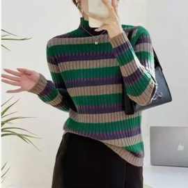羊绒毛衣女针织衫套头半高领彩虹条纹秋冬打底衫女加厚内搭上衣保