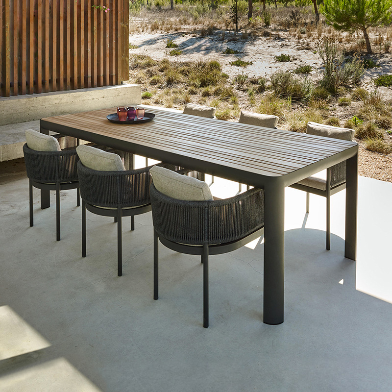Mesas y sillas para exteriores, balcón con patio, protección solar y muebles de ratán impermeables para ocio, conjunto de mesa larga para terraza de jardín al aire libre image 1