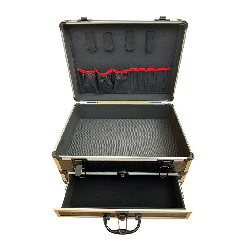 Fábrica de stock caja de aleación de aluminio negro con cajones herramientas de caja dura gabinete maleta caja de herramientas caja de instrumentos