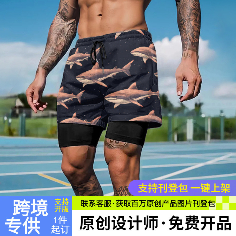 American-Style Basketball Shorts for Men with Lining, Fake Two-Piece Fitness Breathable Sports Shorts with Shark Element Print Design