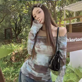 跨境辣妹风扎染网纱一字肩女夏季纯欲修身显瘦木耳边防晒外穿上衣