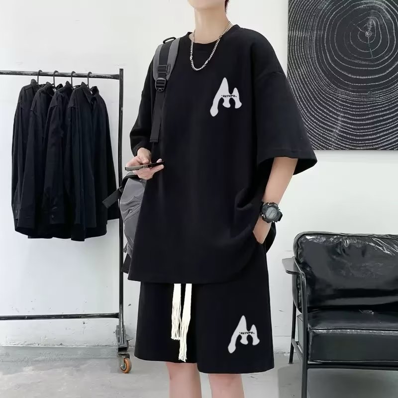 Five-point Sleeve Casual suit Simple Instagram Style Summer Japanese Fashion T-Shirt Five-point Pants Elegant Men's New Fashionable Lazy