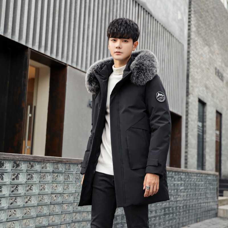 Men's Down Jacket Mid-length Winter New Thickened Windproof Hooded Wool Collar White Duck Down Men's Parker Jacket