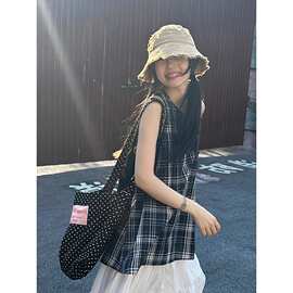 日系复古设计感格纹圆领衬衫女夏天文艺森系宽松无袖休闲背心上衣