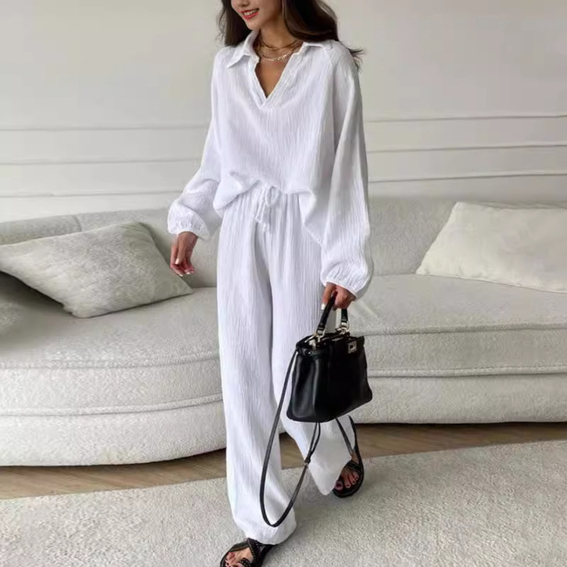 Amazon Cross-border Spring and Autumn Temperament Casual Cotton and Linen Cardigan Long Sleeve Pocket Wide Leg Trousers Fashion Sports suit