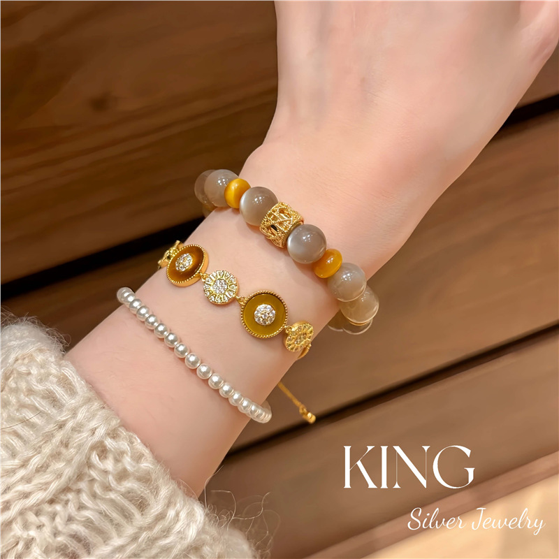焦糖饼干| king银饰珠宝S925银镀金虎眼贝母复古时尚轻奢纯银手链|undefined