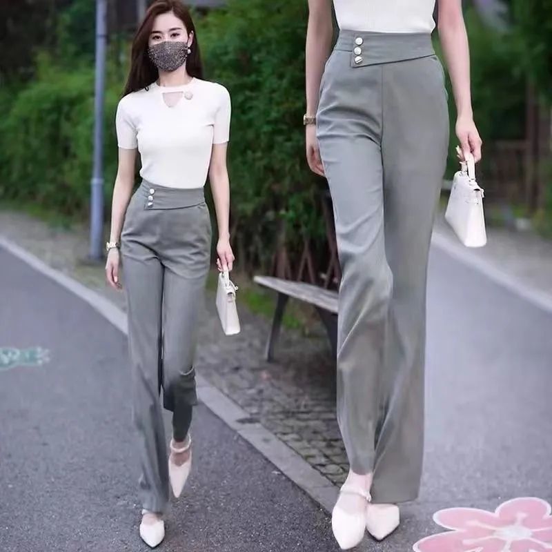女性用ハイエンドブーツカットパンツ2025春の新しいスタイルシンプルなハイウエストドレープ多用途スリムカジュアルナローパンツ|undefined