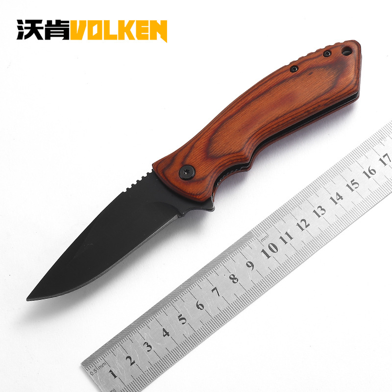 户外小刀黑色刀刃3Cr13不锈钢木柄小刀 户外工具防滑野营折叠刀