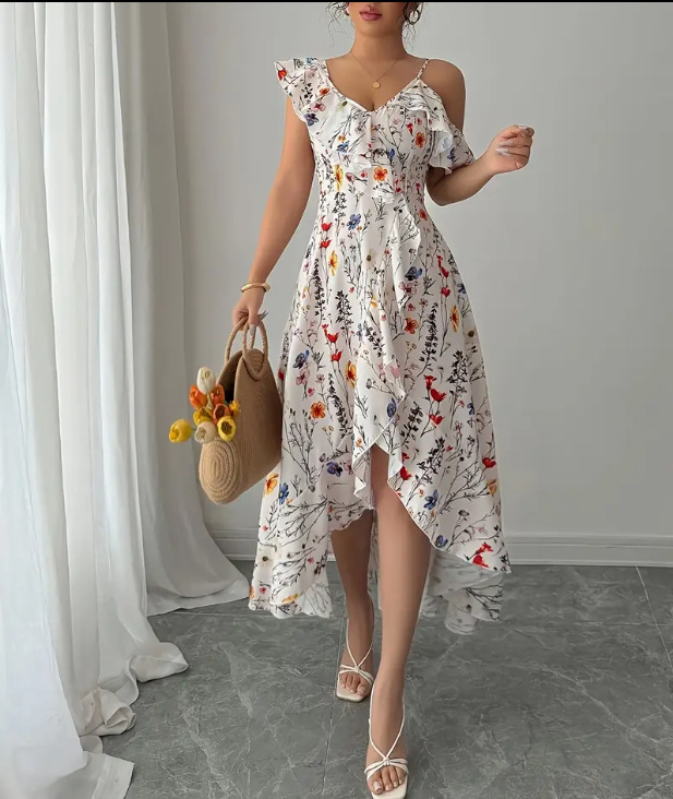 Women's Clothing Floral Print Sundress Irregular Slit Slim Waist Vacation Style Long Dress Fairy Beach Photos Dress For Women_ecoleips.com