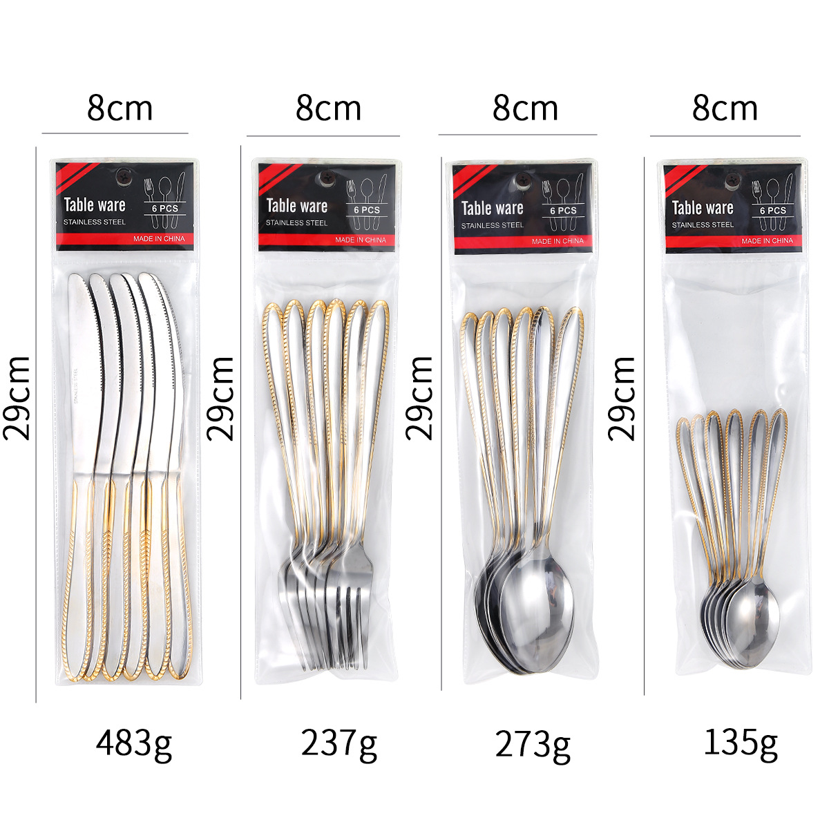 Cruz-Frontera de Oriente Medio vajilla de acero inoxidable cuchillo de carne y tenedor cuchara bolsa de PVC 6-pack en relieve cuchillo chapado en oro, tenedor y juego de cuchara