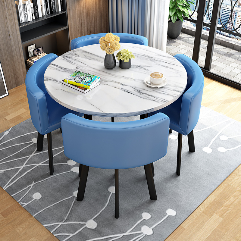 Blue 80cm round table + 4 leather chairs