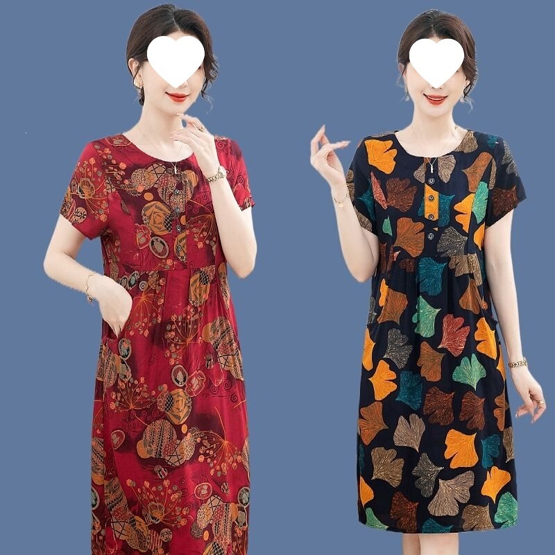 Summer New Style Middle-Aged and Elderly Women's Summer Cotton Silk Dress, Mom's Knee-Length Short-Sleeved Large Size Printed Long Skirt